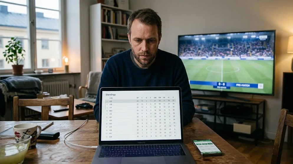 En man vid köksbordet läser en serietabell på sin bärbara dator med en match på tv i bakgrunden.